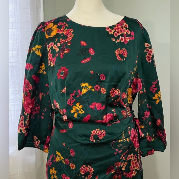 Tacera Green Floral Faux Wrap Midi Dress M - Picture 3 of 11